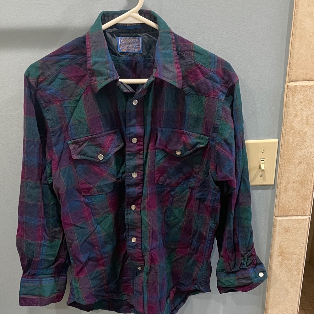 vintage Pendleton wool western shirt plaid pattern with purple, green, and blue